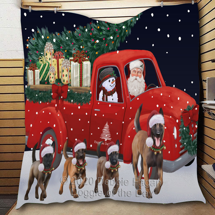 Christmas Express Delivery Red Truck Running Belgian Malinois Dogs Lightweight Soft Bedspread Coverlet Bedding Quilt QUILT59791