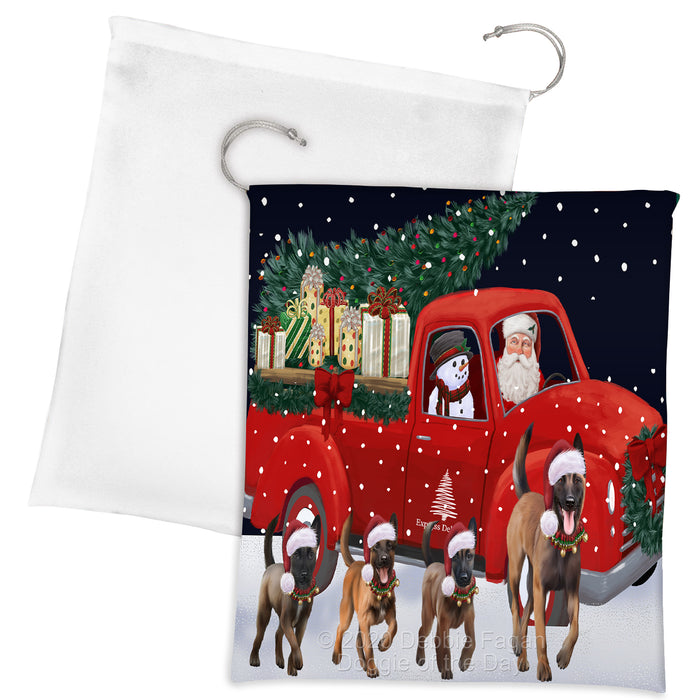 Christmas Express Delivery Red Truck Running Belgian Malinois Dogs Drawstring Laundry or Gift Bag LGB48877