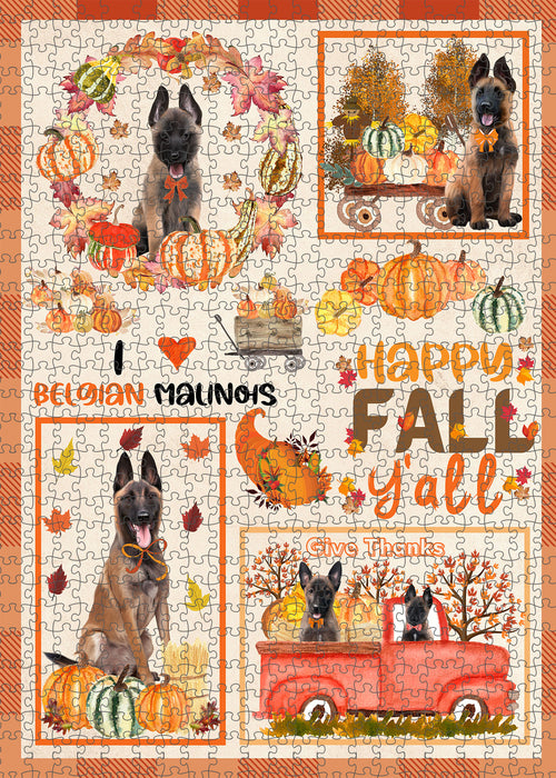 Happy Fall Y'all Pumpkin Belgian Malinois Dogs Portrait Jigsaw Puzzle for Adults Animal Interlocking Puzzle Game Unique Gift for Dog Lover's with Metal Tin Box