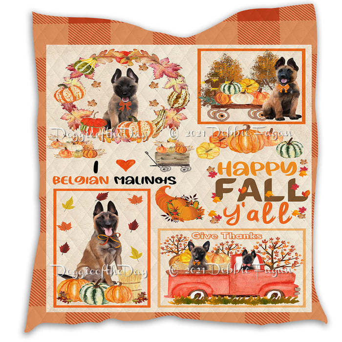 Happy Fall Y'all Pumpkin Belgian Malinois Dogs Quilt Bed Coverlet Bedspread - Pets Comforter Unique One-side Animal Printing - Soft Lightweight Durable Washable Polyester Quilt