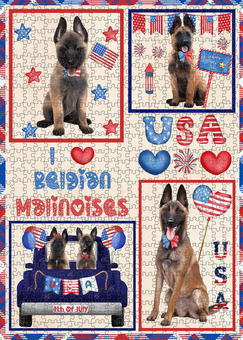 4th of July Independence Day I Love USA Belgian Malinois Dogs Portrait Jigsaw Puzzle for Adults Animal Interlocking Puzzle Game Unique Gift for Dog Lover's with Metal Tin Box
