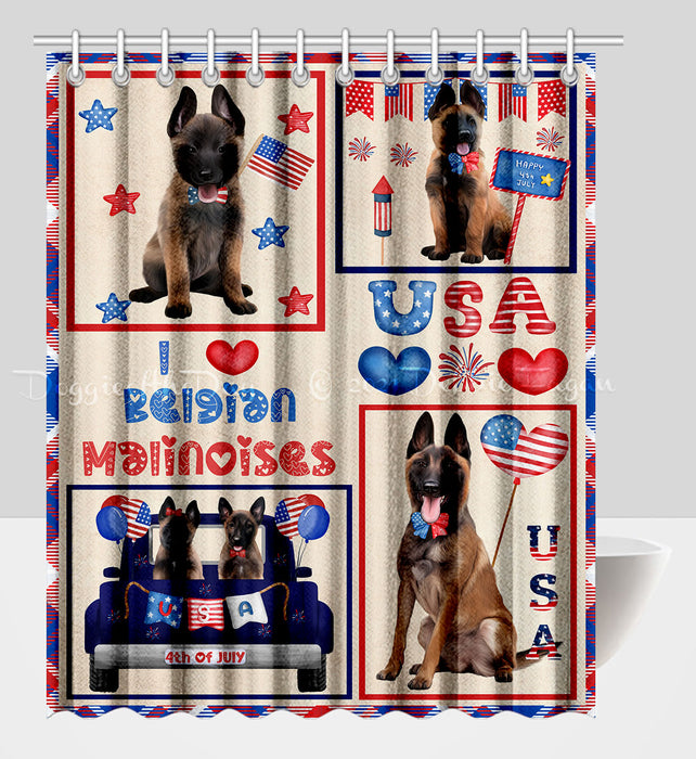 4th of July Independence Day I Love USA Belgian Malinois Dogs Shower Curtain Pet Painting Bathtub Curtain Waterproof Polyester One-Side Printing Decor Bath Tub Curtain for Bathroom with Hooks