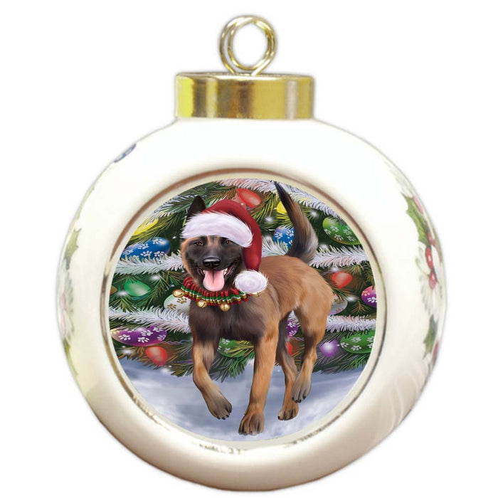 Trotting in the Snow Belgian Malinoise Dog Round Ball Christmas Ornament RBPOR55768