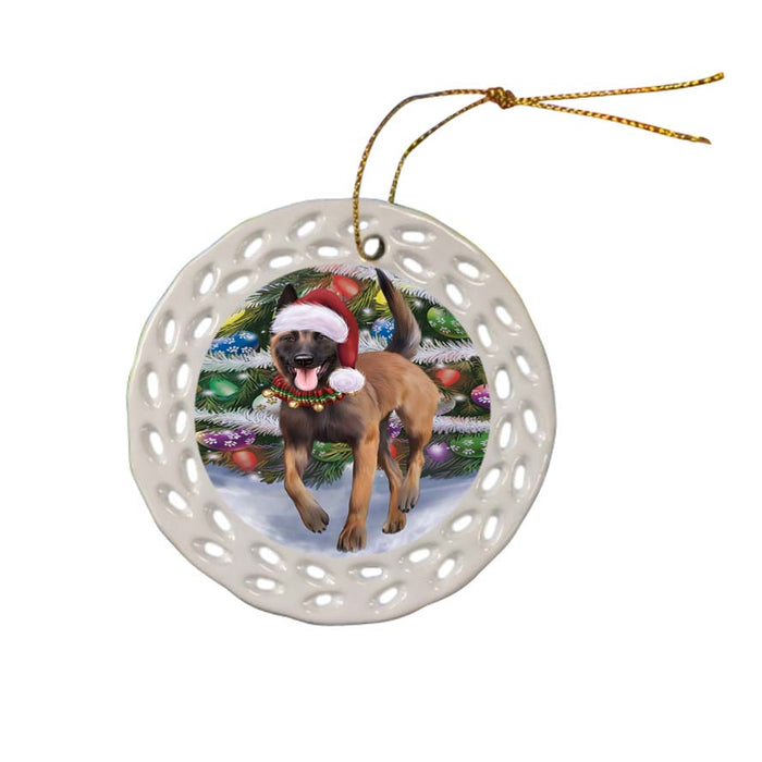 Trotting in the Snow Belgian Malinoise Dog Ceramic Doily Ornament DPOR55768