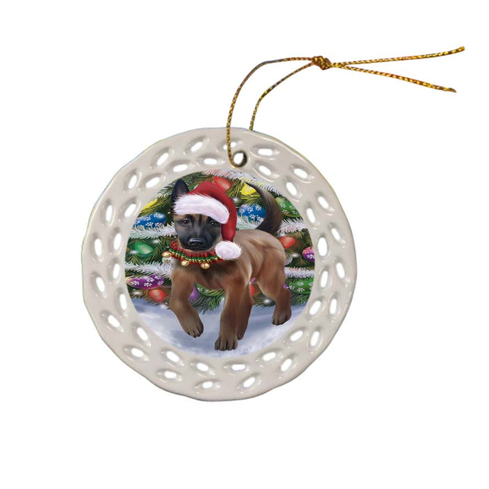 Trotting in the Snow Belgian Malinoise Dog Ceramic Doily Ornament DPOR55769