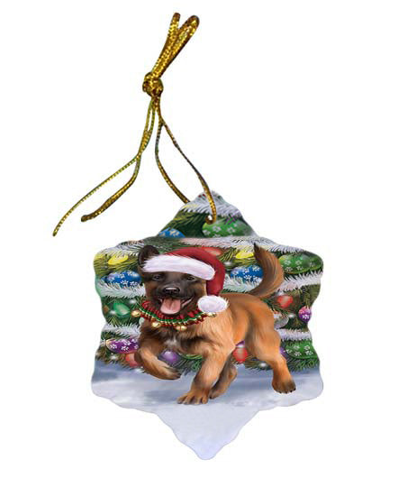 Trotting in the Snow Belgian Malinoise Dog Star Porcelain Ornament SPOR55770