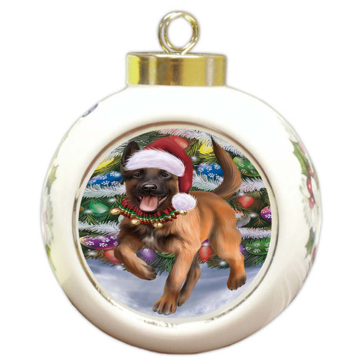 Trotting in the Snow Belgian Malinoise Dog Round Ball Christmas Ornament RBPOR55770