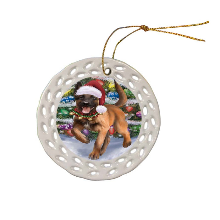 Trotting in the Snow Belgian Malinoise Dog Ceramic Doily Ornament DPOR55770