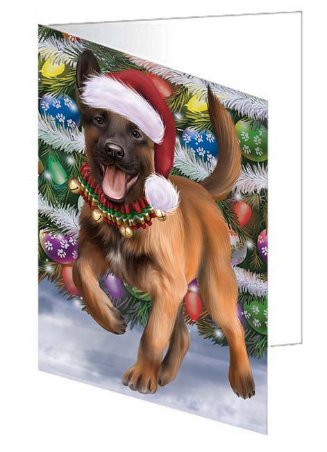 Trotting in the Snow Belgian Malinoise Dog Handmade Artwork Assorted Pets Greeting Cards and Note Cards with Envelopes for All Occasions and Holiday Seasons GCD70757