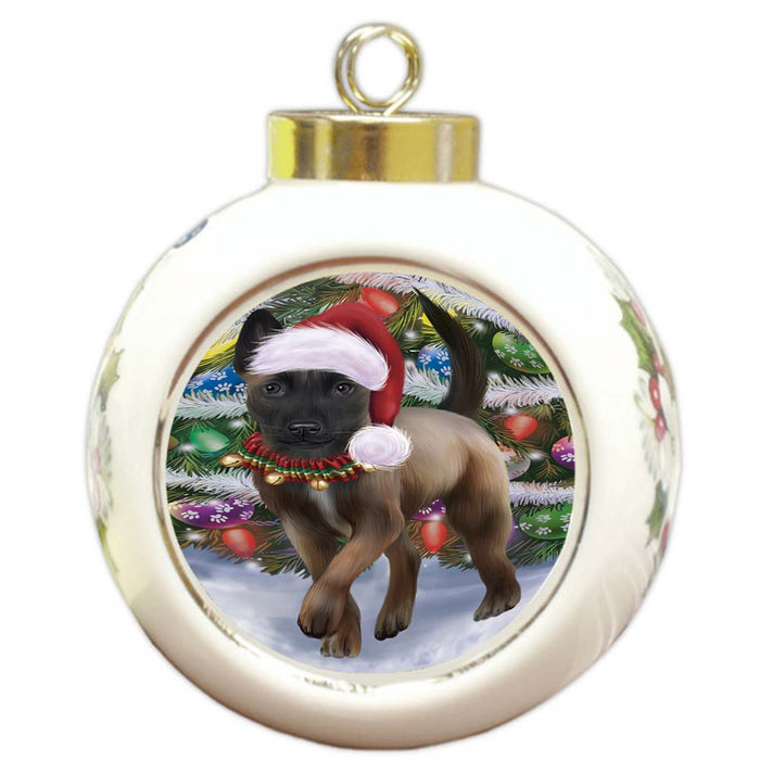 Trotting in the Snow Belgian Malinoise Dog Round Ball Christmas Ornament RBPOR55771