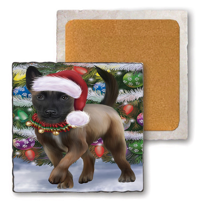 Trotting in the Snow Belgian Malinoise Dog Set of 4 Natural Stone Marble Tile Coasters MCST50415
