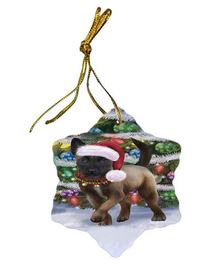 Trotting in the Snow Belgian Malinoise Dog Star Porcelain Ornament SPOR55771