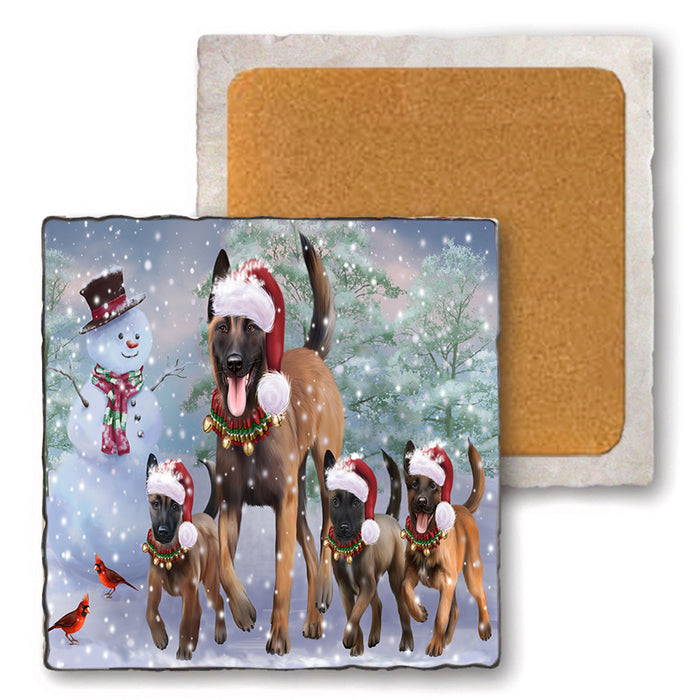 Christmas Running Family Belgian Malinoises Dog Set of 4 Natural Stone Marble Tile Coasters MCST50462