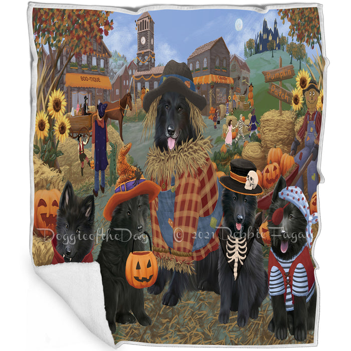Halloween 'Round Town And Fall Pumpkin Scarecrow Both Belgian Shepherd Dogs Blanket BLNKT138683
