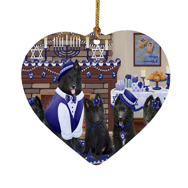 Happy Hanukkah Family Belgian Shepherd Dogs Heart Christmas Ornament HPOR57591