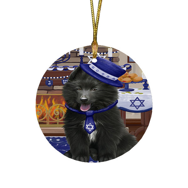 Happy Hanukkah Family and Happy Hanukkah Both Belgian Shepherd Dog Round Flat Christmas Ornament RFPOR57551