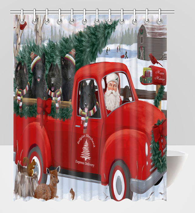 Christmas Santa Express Delivery Red Truck Belgian Shepherd Dogs Shower Curtain