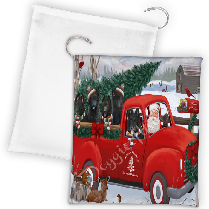 Christmas Santa Express Delivery Red Truck Belgian Shepherd Dogs Drawstring Laundry or Gift Bag LGB48277