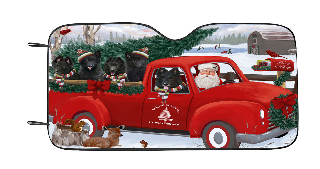 Christmas Santa Express Delivery Red Truck Belgian Shepherd Dogs Car Sun Shade