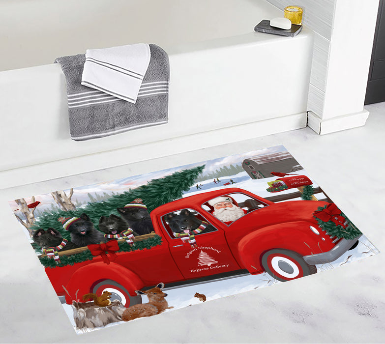 Christmas Santa Express Delivery Red Truck Belgian Shepherd Dogs Bath Mat