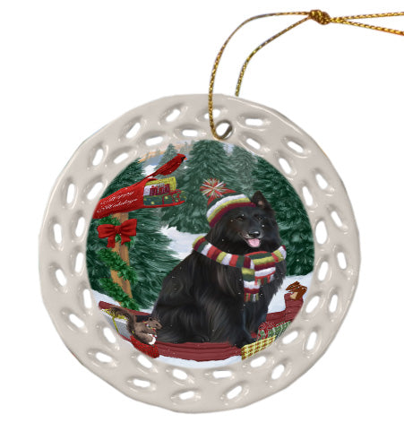 Christmas Woodland Sled Belgian Shepherd Dog Doily Ornament DPOR59043