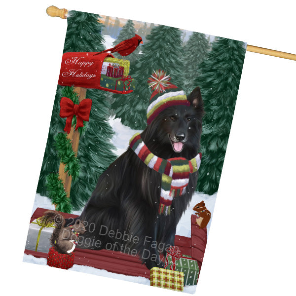 Christmas Woodland Sled Belgian Shepherd Dog House Flag Outdoor Decorative Double Sided Pet Portrait Weather Resistant Premium Quality Animal Printed Home Decorative Flags 100% Polyester FLG69545