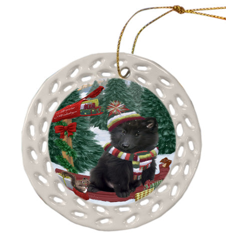 Christmas Woodland Sled Belgian Shepherd Dog Doily Ornament DPOR59044