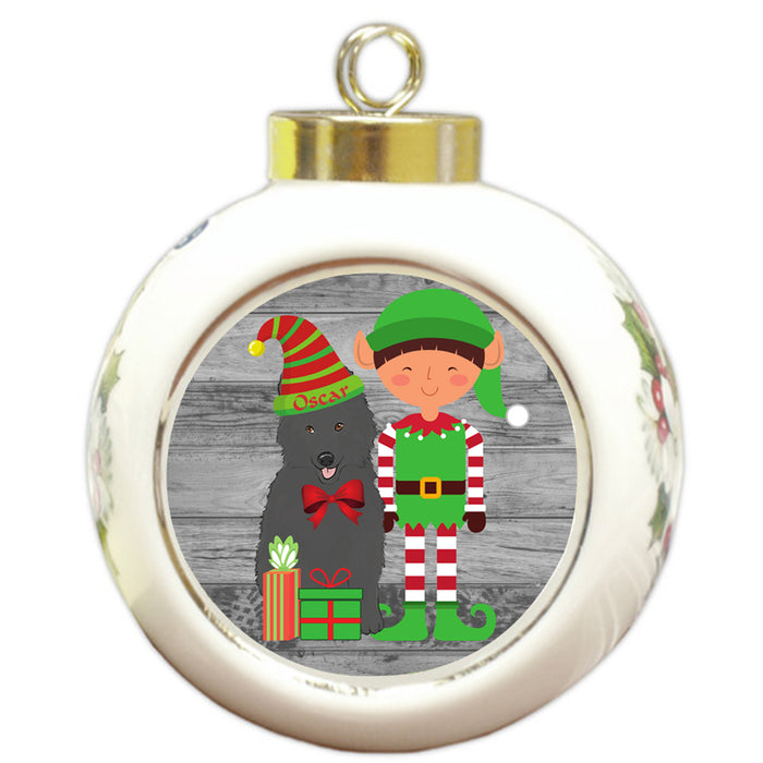 Custom Personalized Belgian Shepherd Dog Elfie and Presents Christmas Round Ball Ornament
