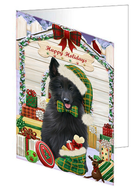 Happy Holidays Christmas Belgian Shepherd Dog House with Presents Handmade Artwork Assorted Pets Greeting Cards and Note Cards with Envelopes for All Occasions and Holiday Seasons GCD58013