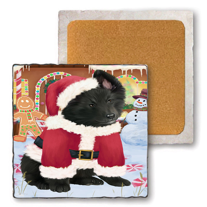 Christmas Gingerbread House Candyfest Belgian Shepherd Dog Set of 4 Natural Stone Marble Tile Coasters MCST51169