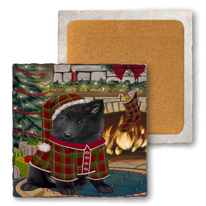 The Stocking was Hung Belgian Shepherd Dog Set of 4 Natural Stone Marble Tile Coasters MCST50196