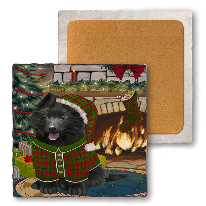 The Stocking was Hung Belgian Shepherd Dog Set of 4 Natural Stone Marble Tile Coasters MCST50197