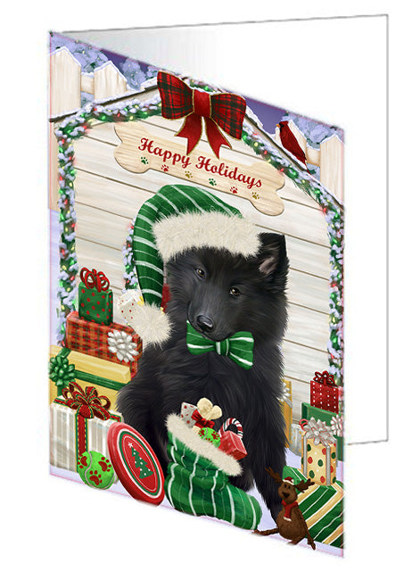 Happy Holidays Christmas Belgian Shepherd Dog House with Presents Handmade Artwork Assorted Pets Greeting Cards and Note Cards with Envelopes for All Occasions and Holiday Seasons GCD58016