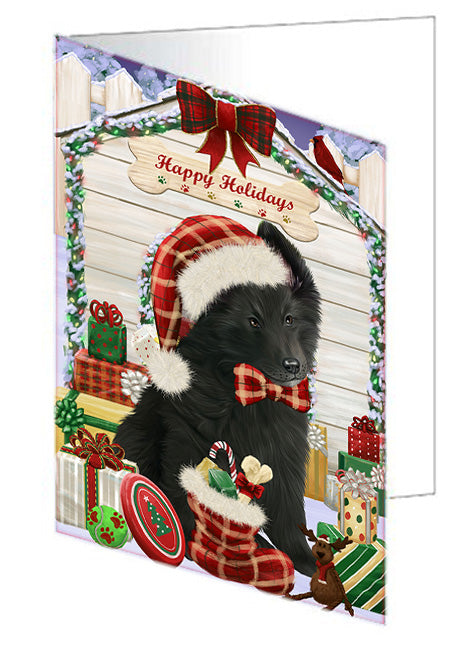 Happy Holidays Christmas Belgian Shepherd Dog House with Presents Handmade Artwork Assorted Pets Greeting Cards and Note Cards with Envelopes for All Occasions and Holiday Seasons GCD58019