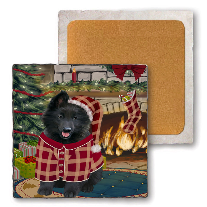 The Stocking was Hung Belgian Shepherd Dog Set of 4 Natural Stone Marble Tile Coasters MCST50198