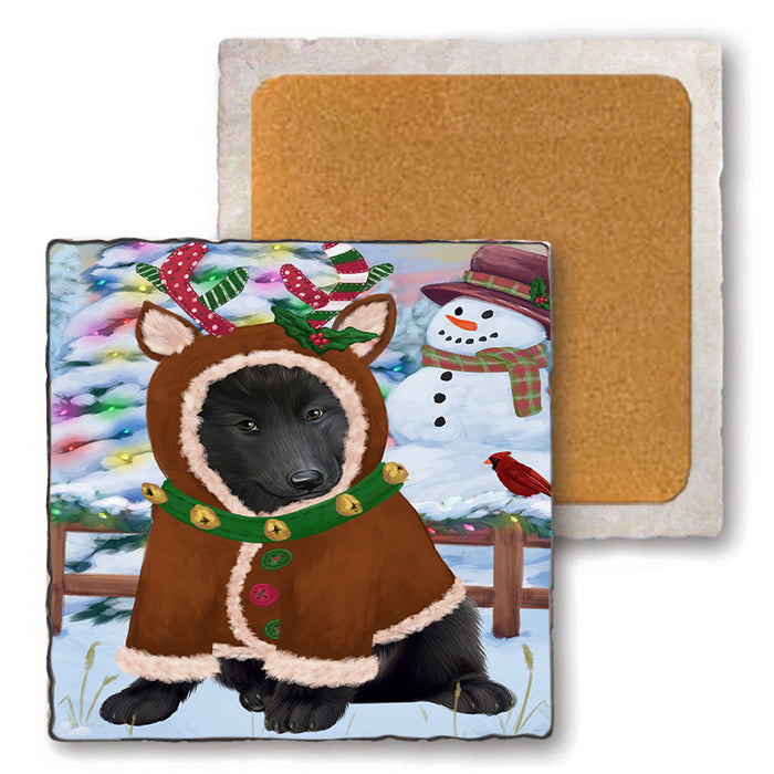 Christmas Gingerbread House Candyfest Belgian Shepherd Dog Set of 4 Natural Stone Marble Tile Coasters MCST51171