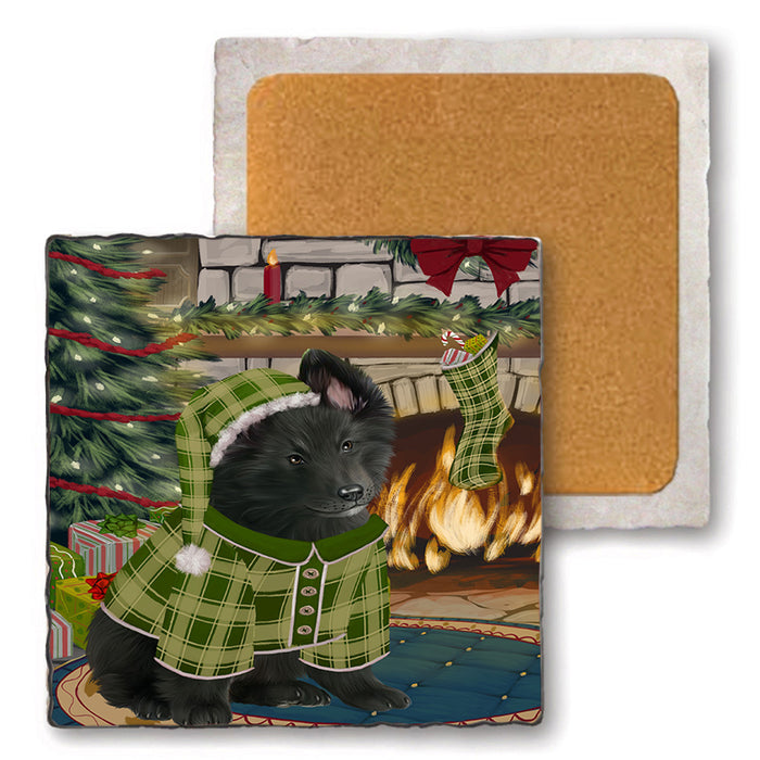 The Stocking was Hung Belgian Shepherd Dog Set of 4 Natural Stone Marble Tile Coasters MCST50199