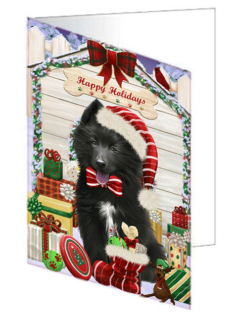 Happy Holidays Christmas Belgian Shepherd Dog House with Presents Handmade Artwork Assorted Pets Greeting Cards and Note Cards with Envelopes for All Occasions and Holiday Seasons GCD58022