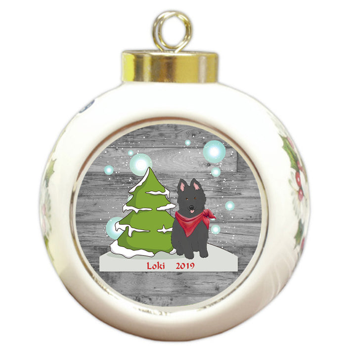 Custom Personalized Winter Scenic Tree and Presents Belgian Shepherd Dog Christmas Round Ball Ornament