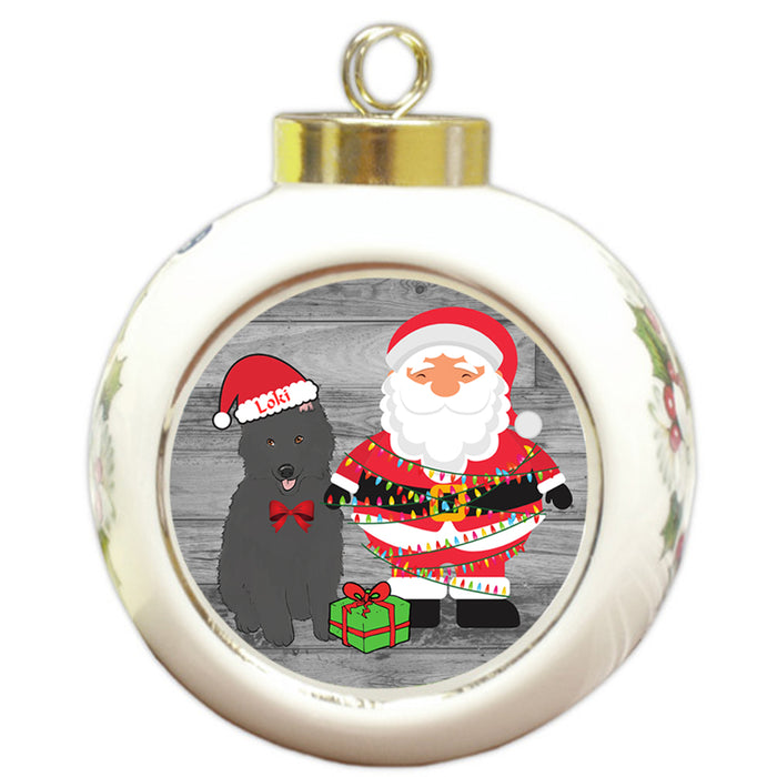 Custom Personalized Belgian Shepherd Dog With Santa Wrapped in Light Christmas Round Ball Ornament