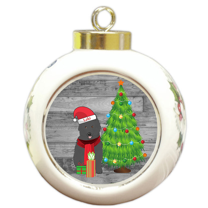 Custom Personalized Belgian Shepherd Dog With Tree and Presents Christmas Round Ball Ornament
