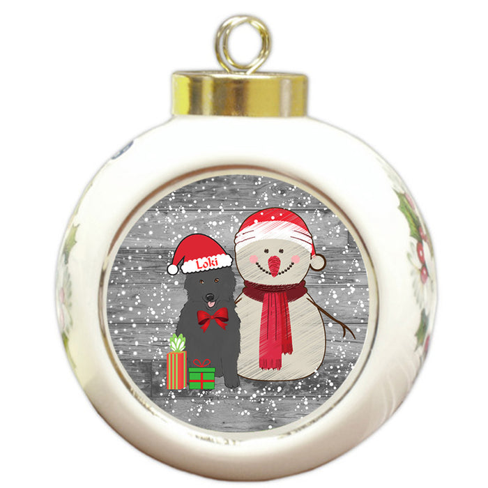 Custom Personalized Snowy Snowman and Belgian Shepherd Dog Christmas Round Ball Ornament