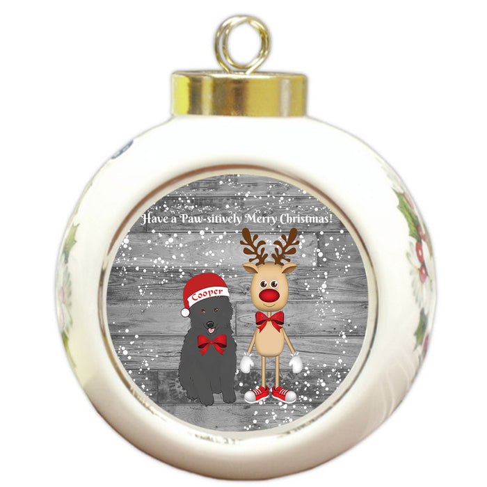 Custom Personalized Belgian Shepherd Dog Reindeer and Pooch Christmas Round Ball Ornament