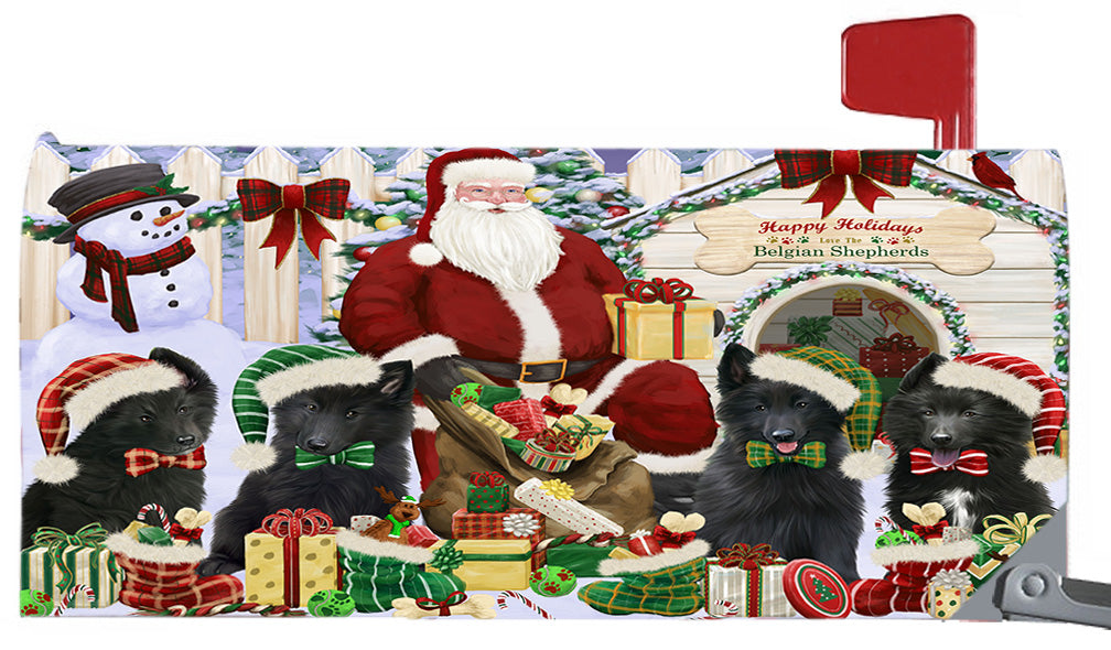 Happy Holidays Christmas Belgian Shepherd Dogs House Gathering 6.5 x 19 Inches Magnetic Mailbox Cover Post Box Cover Wraps Garden Yard Décor MBC48786