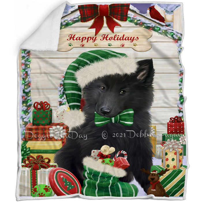 Happy Holidays Christmas Belgian Shepherd Dog House with Presents Blanket BLNKT78042