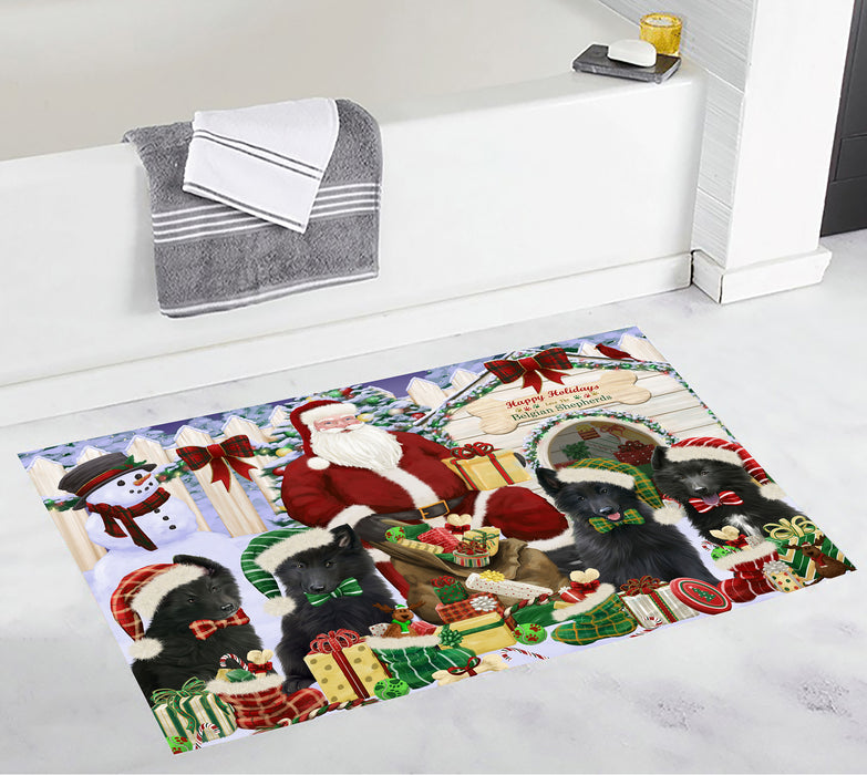 Happy Holidays Christma Belgian Shepherd Dogs House Gathering Bath Mat