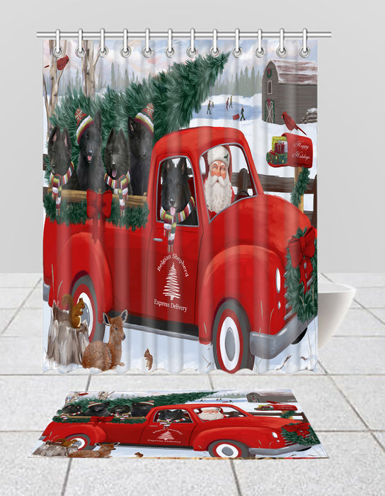 Christmas Santa Express Delivery Red Truck Belgian Shepherd Dogs Bath Mat and Shower Curtain Combo