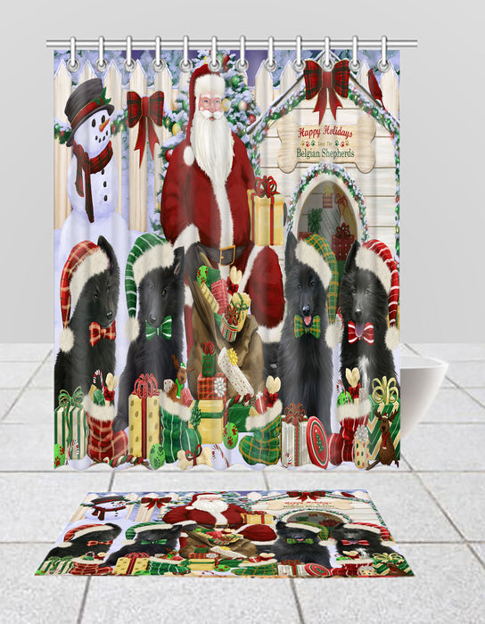 Happy Holidays Christmas Belgian Shepherd Dogs House Gathering Bath Mat and Shower Curtain Combo