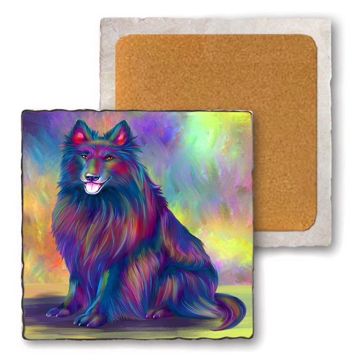 Paradise Wave Belgium Shepherd Dog Set of 4 Natural Stone Marble Tile Coasters MCST51693