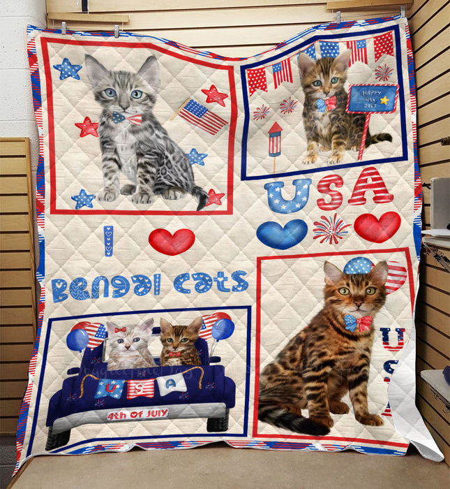 4th of July Independence Day I Love USA Bengal Cats Quilt Bed Coverlet Bedspread - Pets Comforter Unique One-side Animal Printing - Soft Lightweight Durable Washable Polyester Quilt